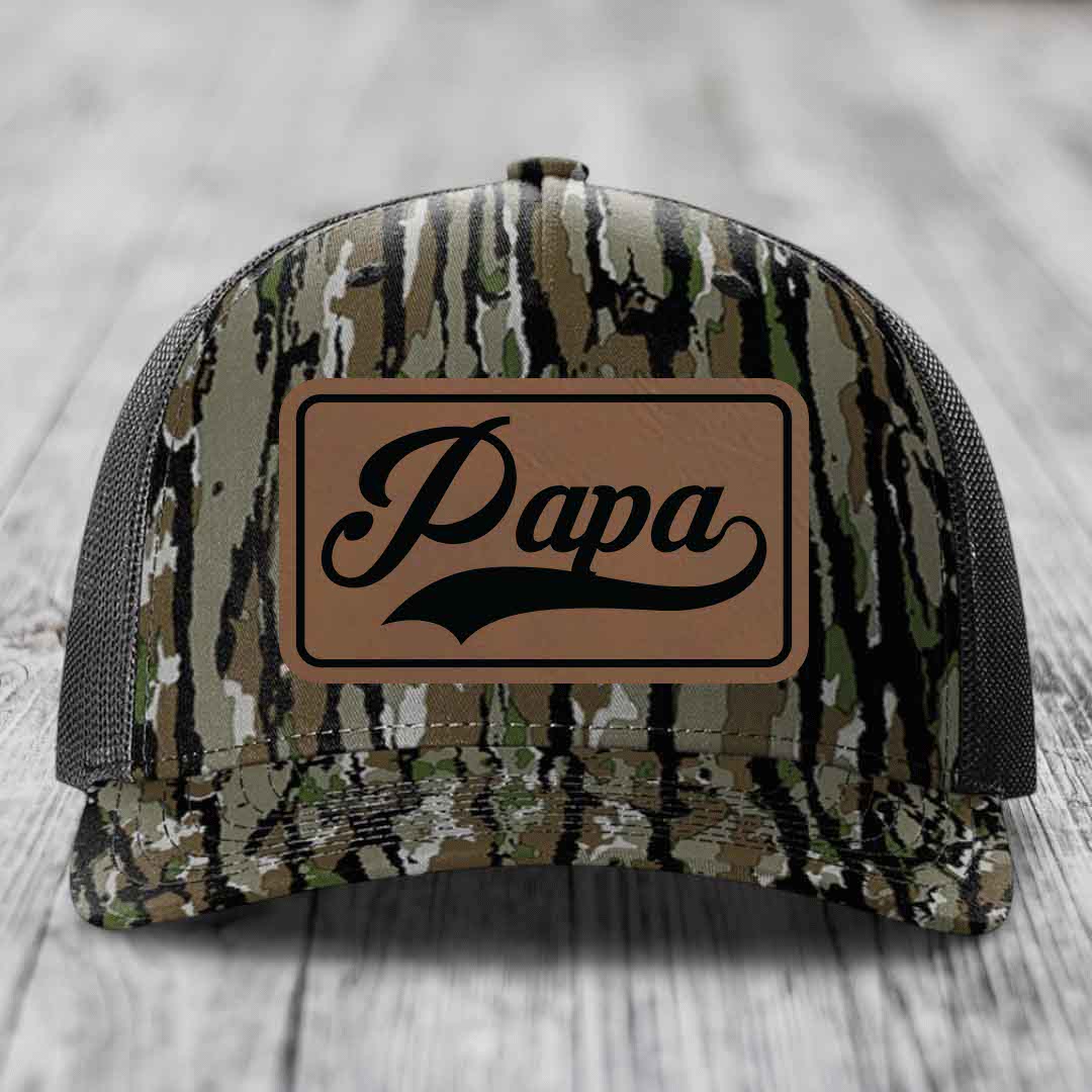 Papa - Leather Patch Hat - Dark Brown to Black Patch - Richardson 112PFP Snapback Trucker Hat