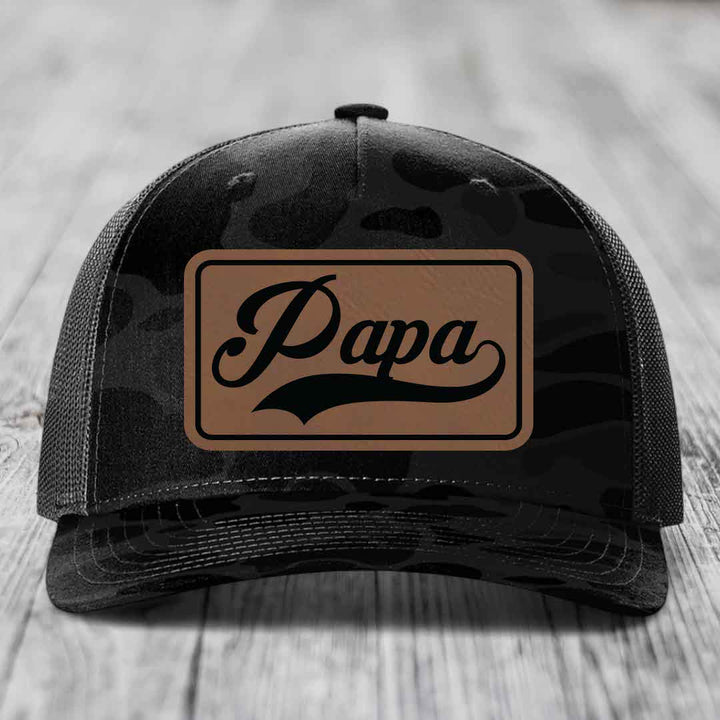 Papa - Leather Patch Hat - Dark Brown to Black Patch - Richardson 112PFP Snapback Trucker Hat