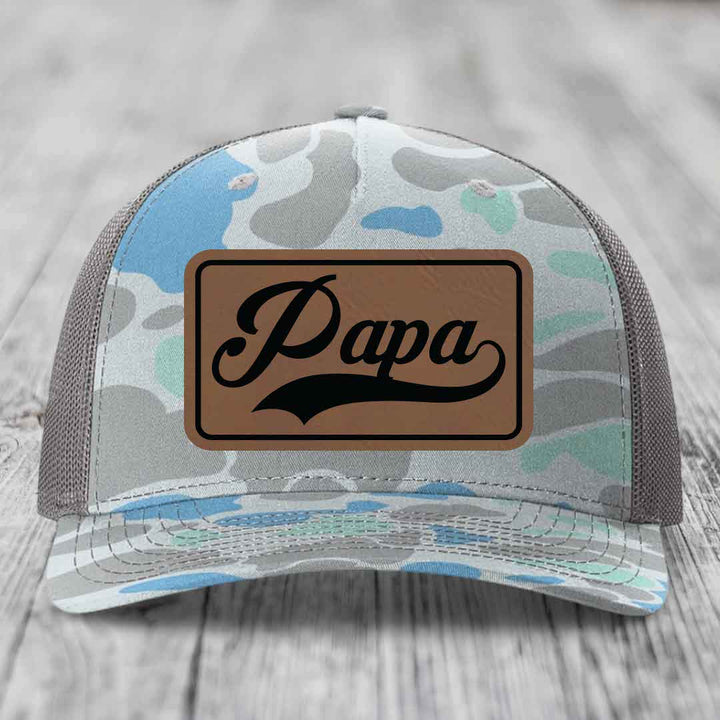 Papa - Leather Patch Hat - Dark Brown to Black Patch - Richardson 112PFP Snapback Trucker Hat