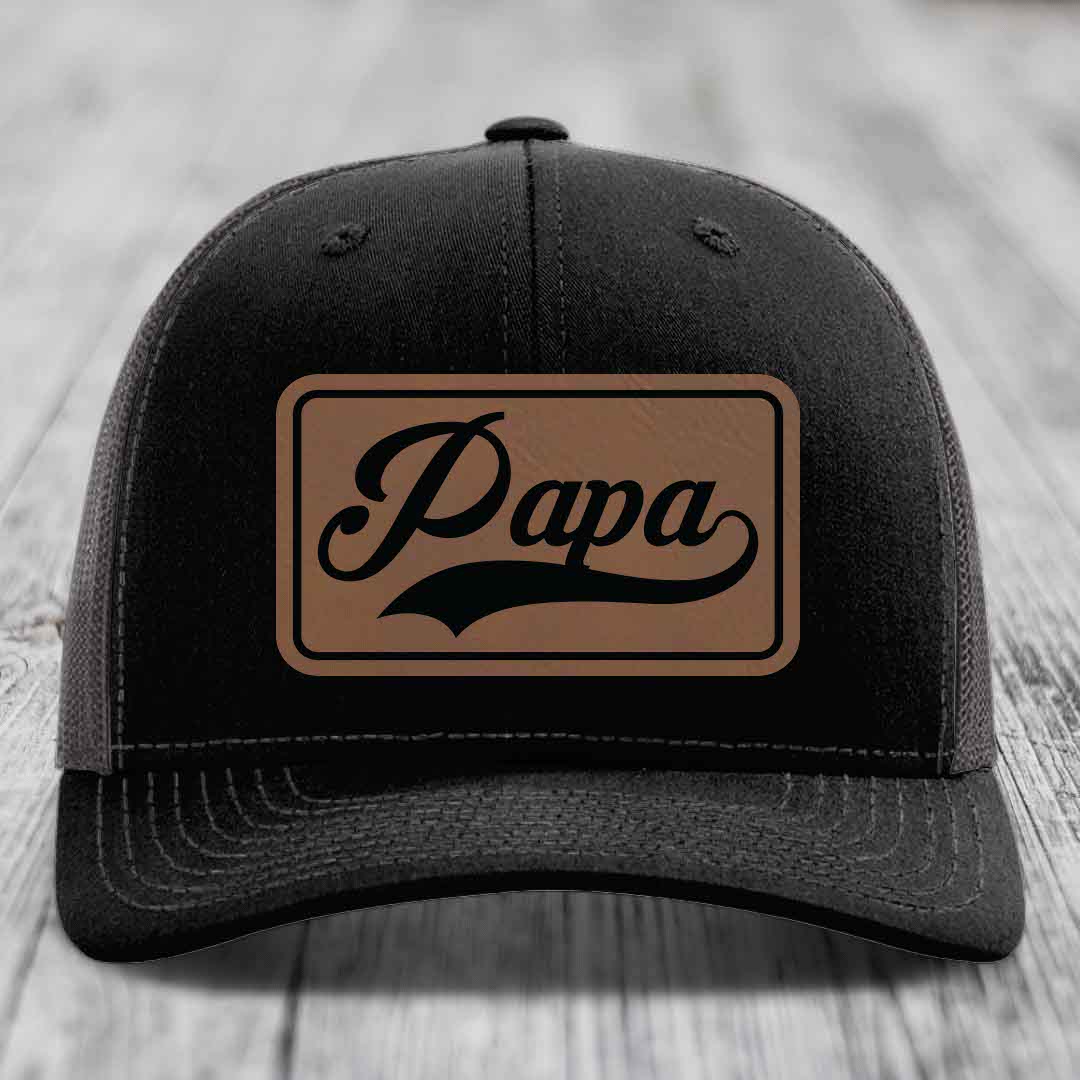 Papa - Leather Patch Hat - Dark Brown to Black Patch - Richardson 112 Snapback Trucker Hat