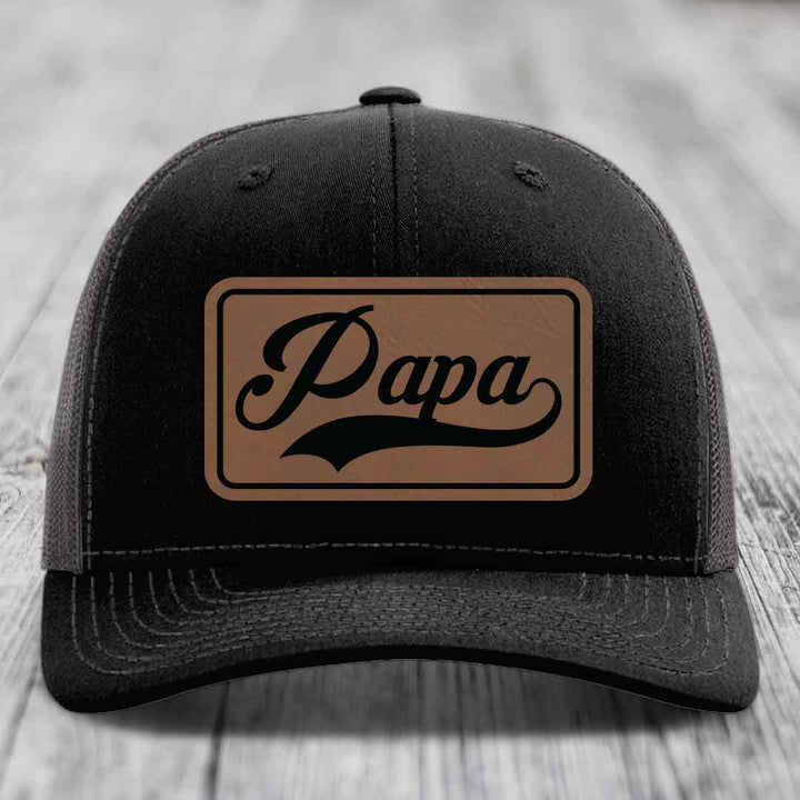Papa - Leather Patch Hat - Dark Brown to Black Patch - Richardson 112 Snapback Trucker Hat