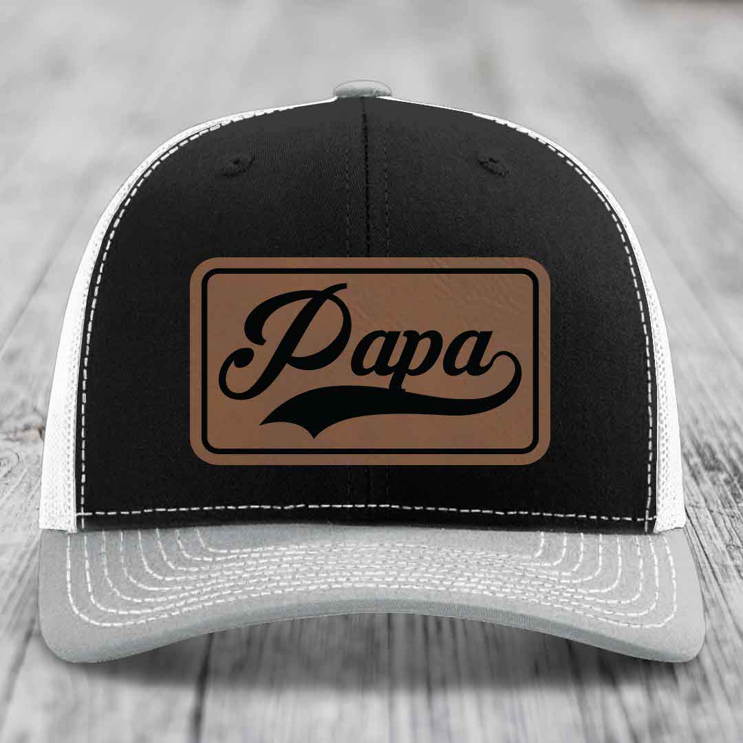 Papa - Leather Patch Hat - Dark Brown to Black Patch - Richardson 112 Snapback Trucker Hat