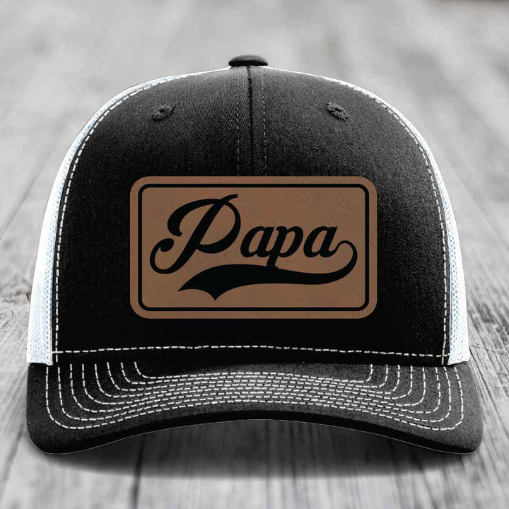 Papa - Leather Patch Hat - Dark Brown to Black Patch - Richardson 112 Snapback Trucker Hat