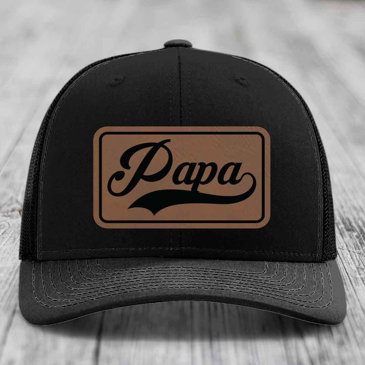 Papa - Leather Patch Hat - Dark Brown to Black Patch - Richardson 112 Snapback Trucker Hat