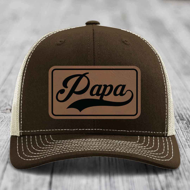 Papa - Leather Patch Hat - Dark Brown to Black Patch - Richardson 112 Snapback Trucker Hat