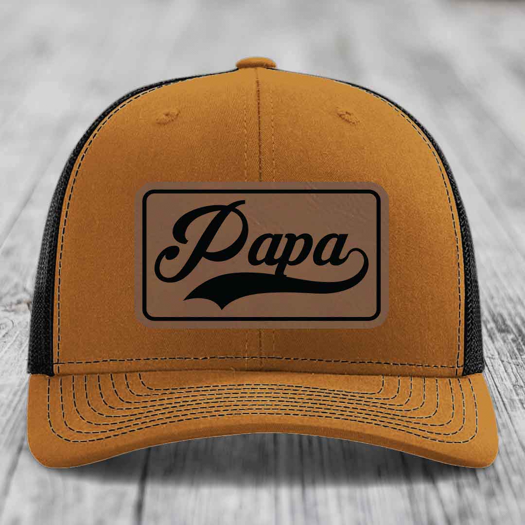 Papa - Leather Patch Hat - Dark Brown to Black Patch - Richardson 112 Snapback Trucker Hat