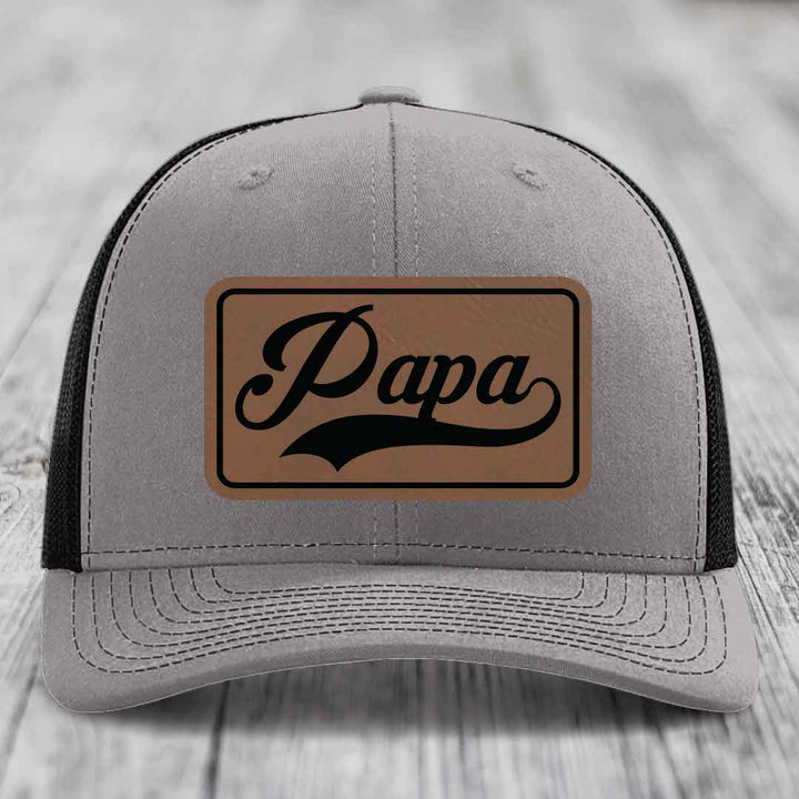 Papa - Leather Patch Hat - Dark Brown to Black Patch - Richardson 112 Snapback Trucker Hat