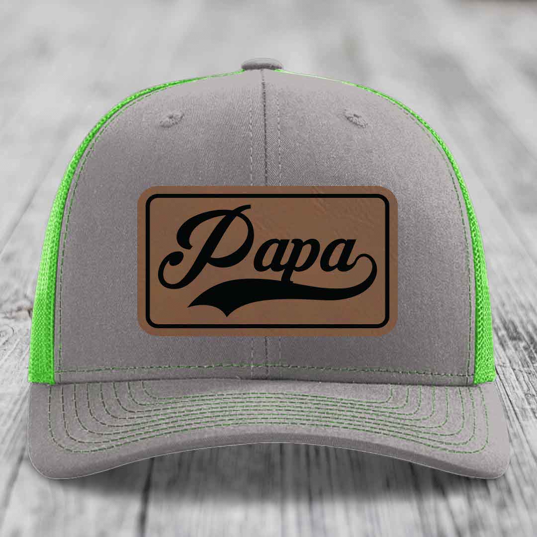 Papa - Leather Patch Hat - Dark Brown to Black Patch - Richardson 112 Snapback Trucker Hat