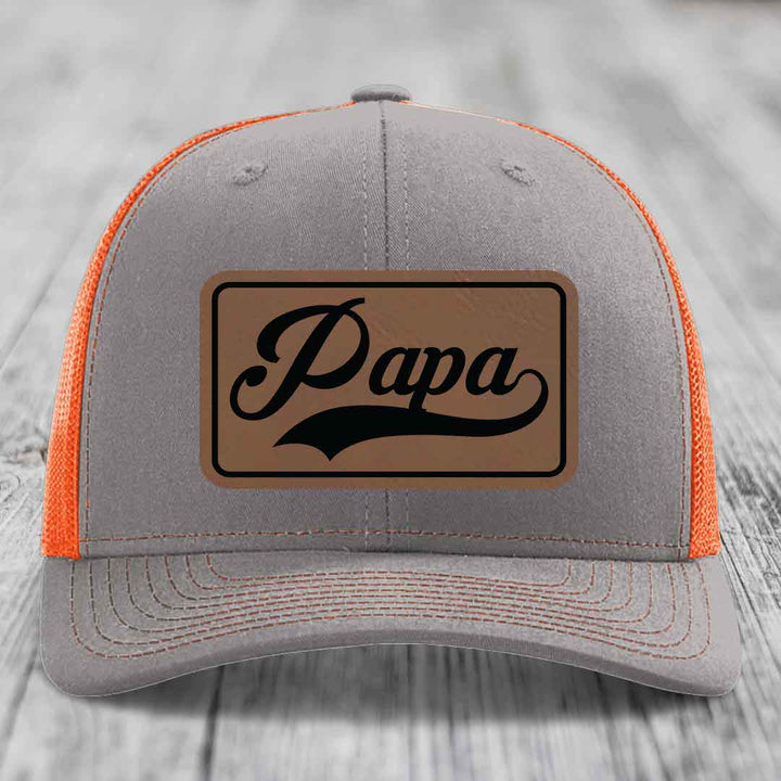 Papa - Leather Patch Hat - Dark Brown to Black Patch - Richardson 112 Snapback Trucker Hat