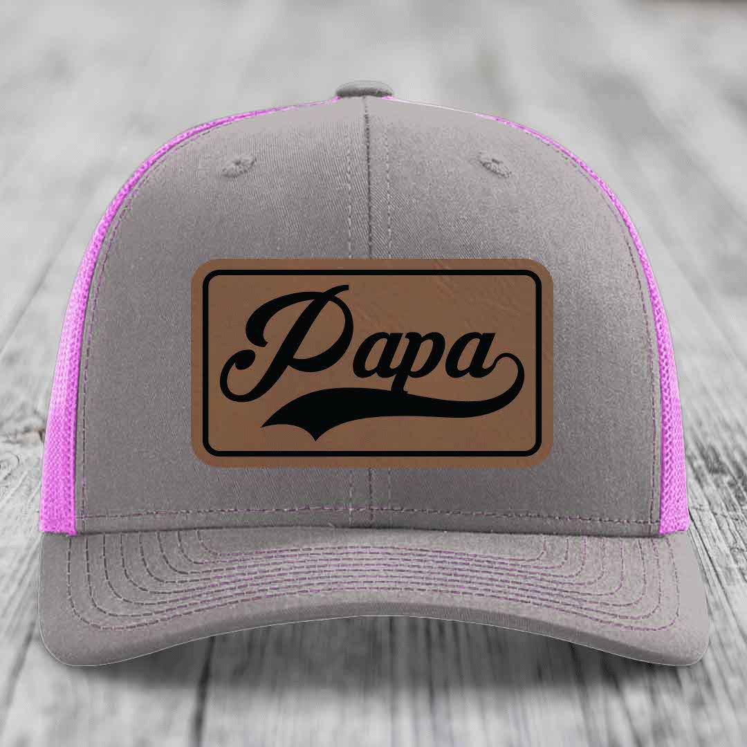 Papa - Leather Patch Hat - Dark Brown to Black Patch - Richardson 112 Snapback Trucker Hat