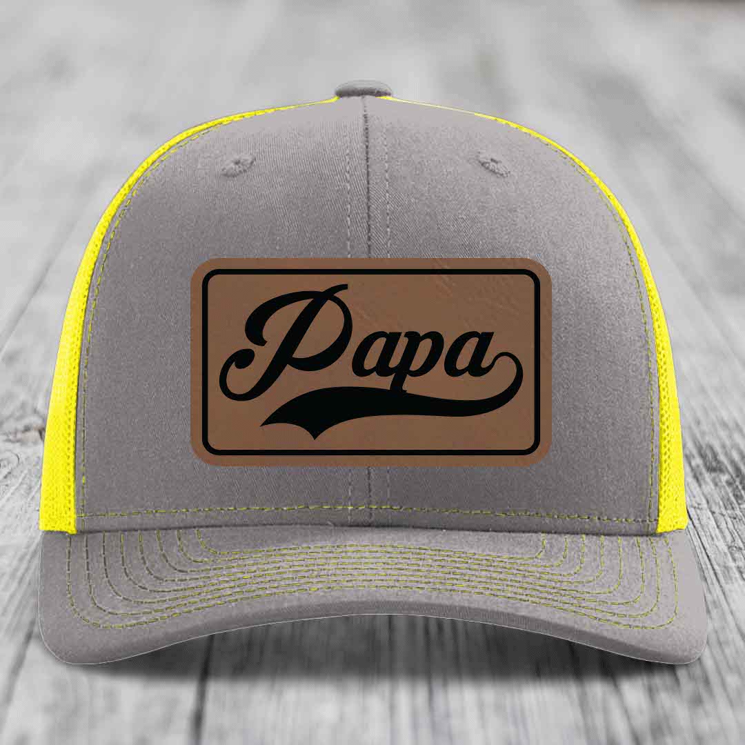 Papa - Leather Patch Hat - Dark Brown to Black Patch - Richardson 112 Snapback Trucker Hat