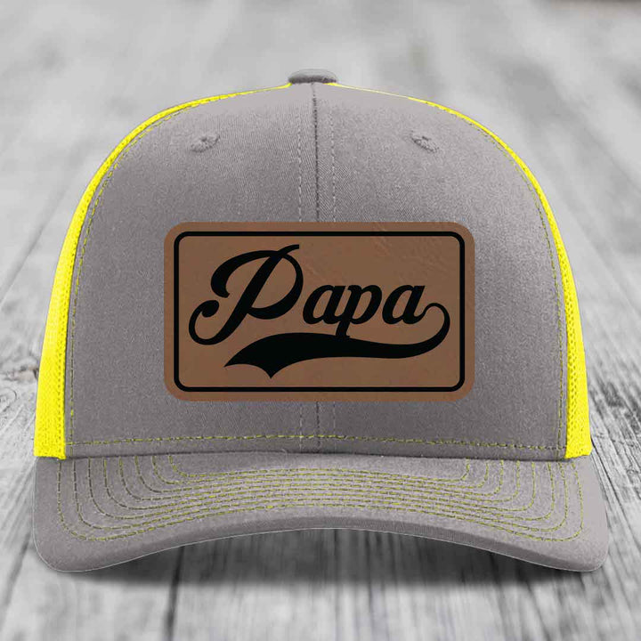 Papa - Leather Patch Hat - Dark Brown to Black Patch - Richardson 112 Snapback Trucker Hat