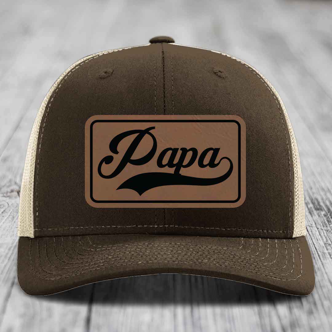 Papa - Leather Patch Hat - Dark Brown to Black Patch - Richardson 112 Snapback Trucker Hat