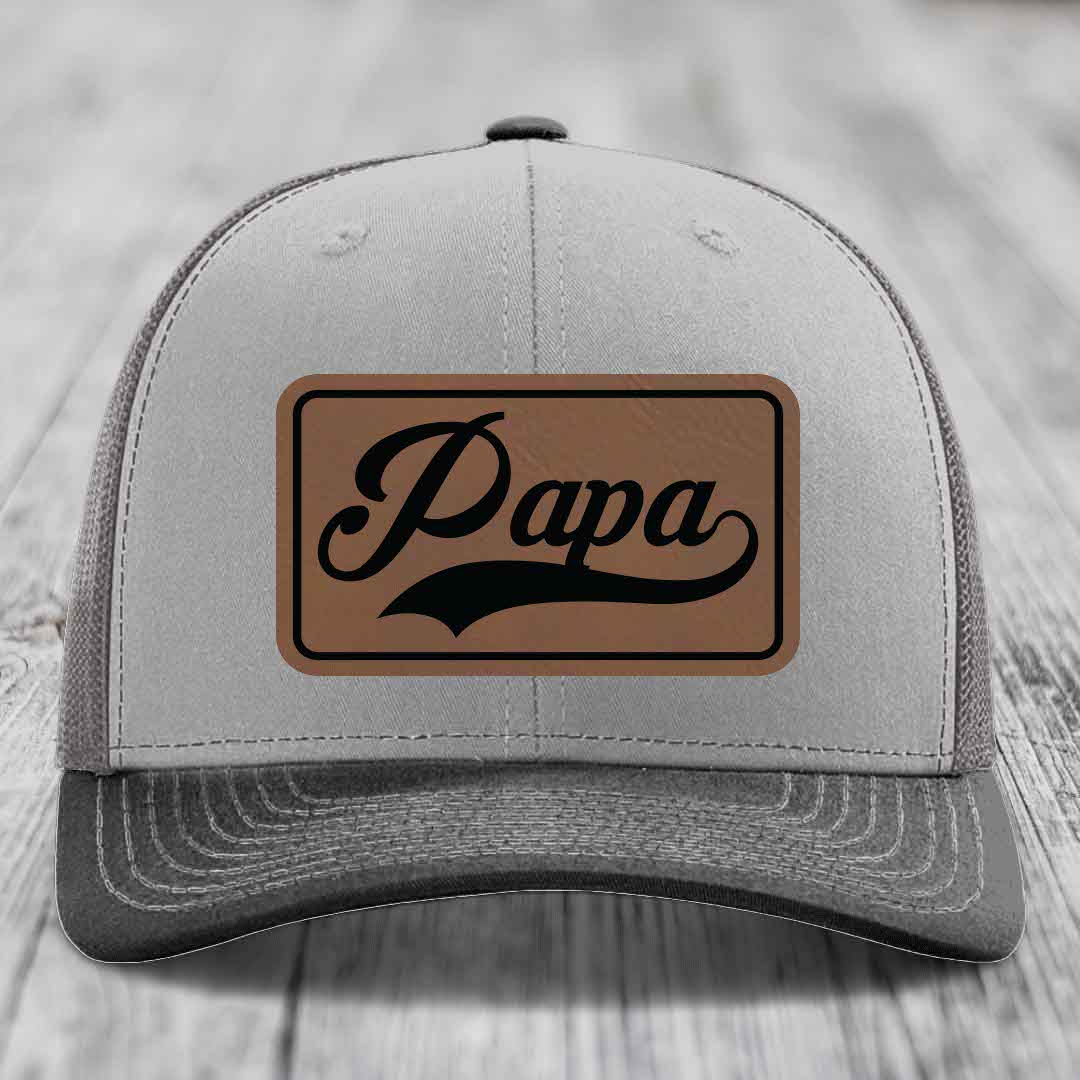 Papa - Leather Patch Hat - Dark Brown to Black Patch - Richardson 112 Snapback Trucker Hat