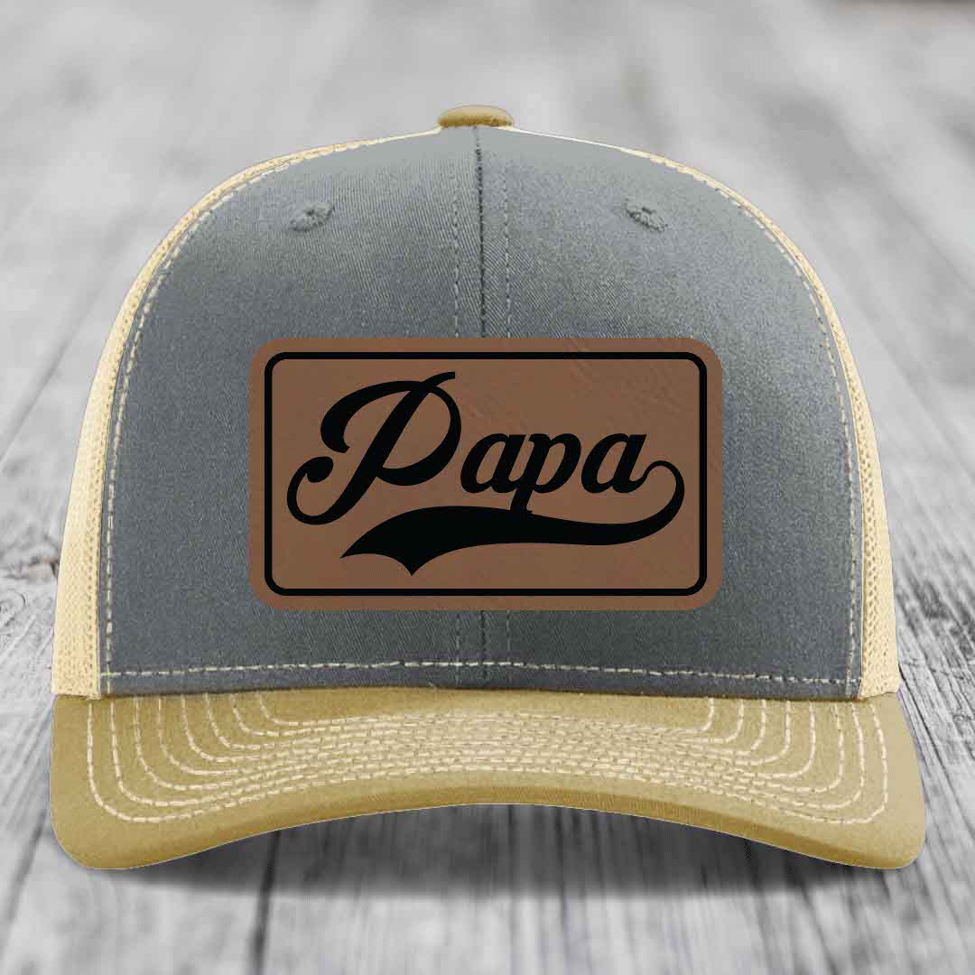 Papa - Leather Patch Hat - Dark Brown to Black Patch - Richardson 112 Snapback Trucker Hat