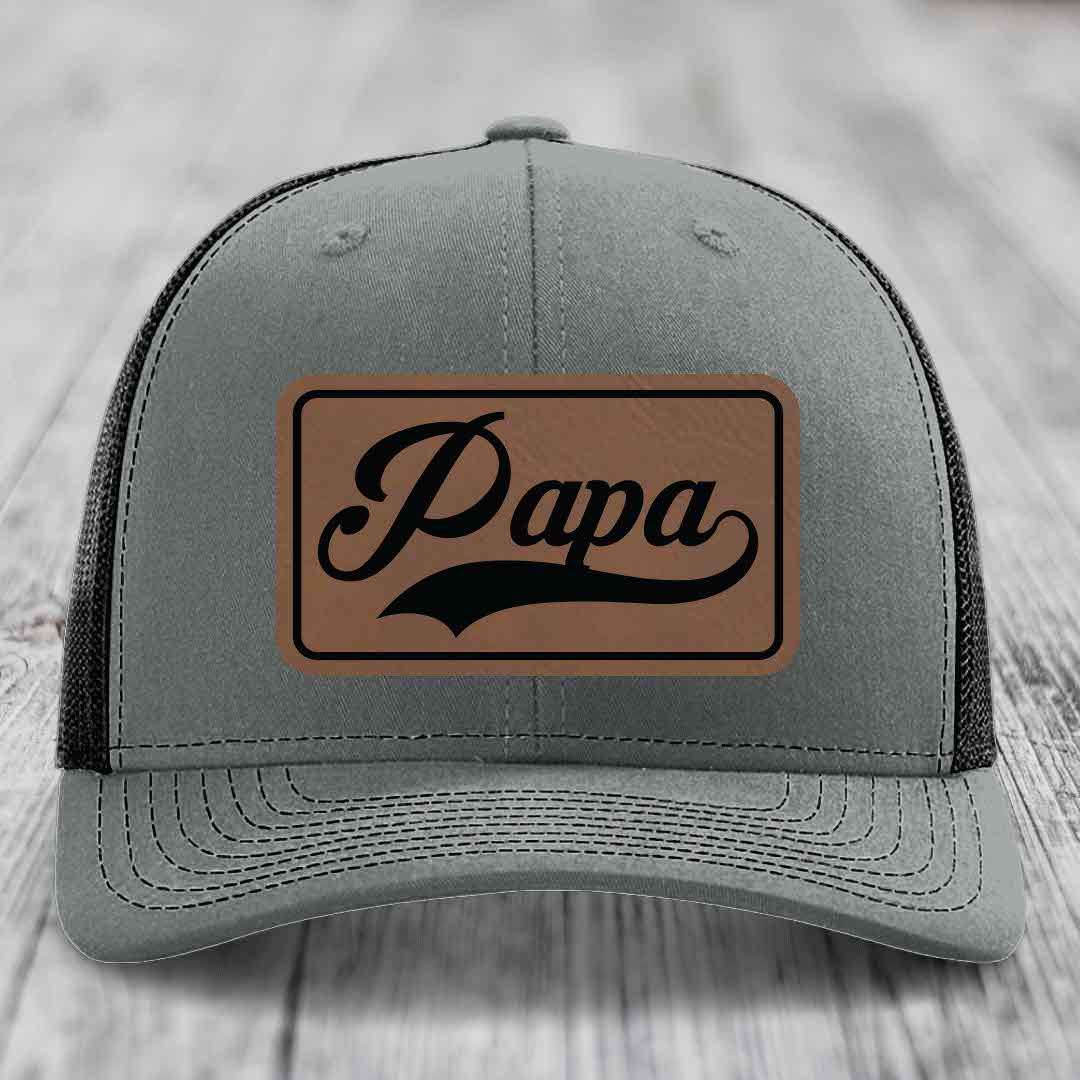 Papa - Leather Patch Hat - Dark Brown to Black Patch - Richardson 112 Snapback Trucker Hat
