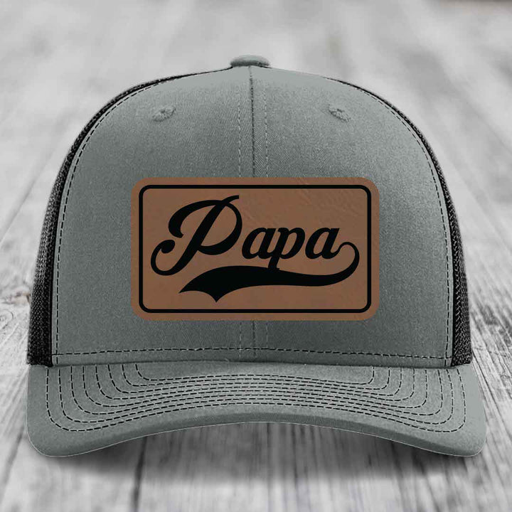 Papa - Leather Patch Hat - Dark Brown to Black Patch - Richardson 112 Snapback Trucker Hat