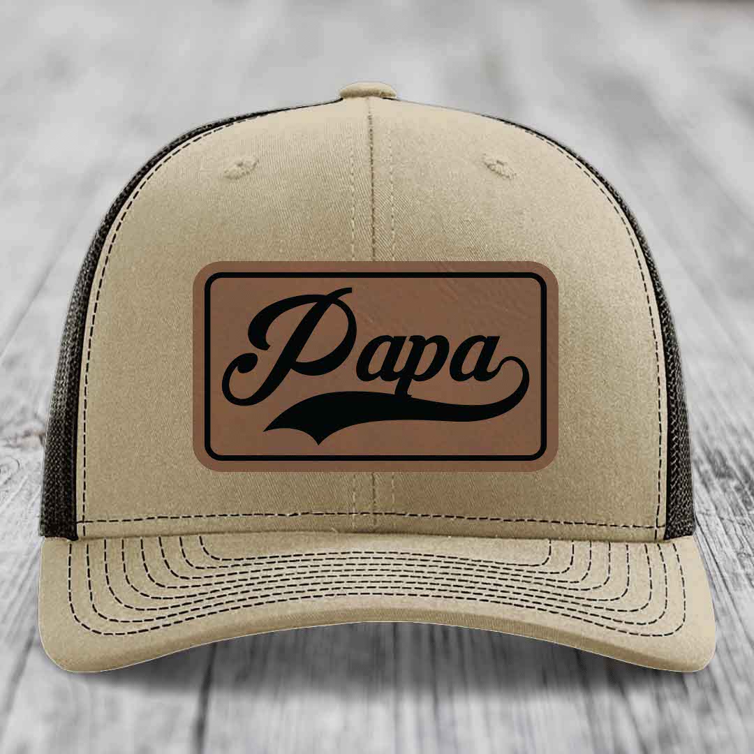 Papa - Leather Patch Hat - Dark Brown to Black Patch - Richardson 112 Snapback Trucker Hat