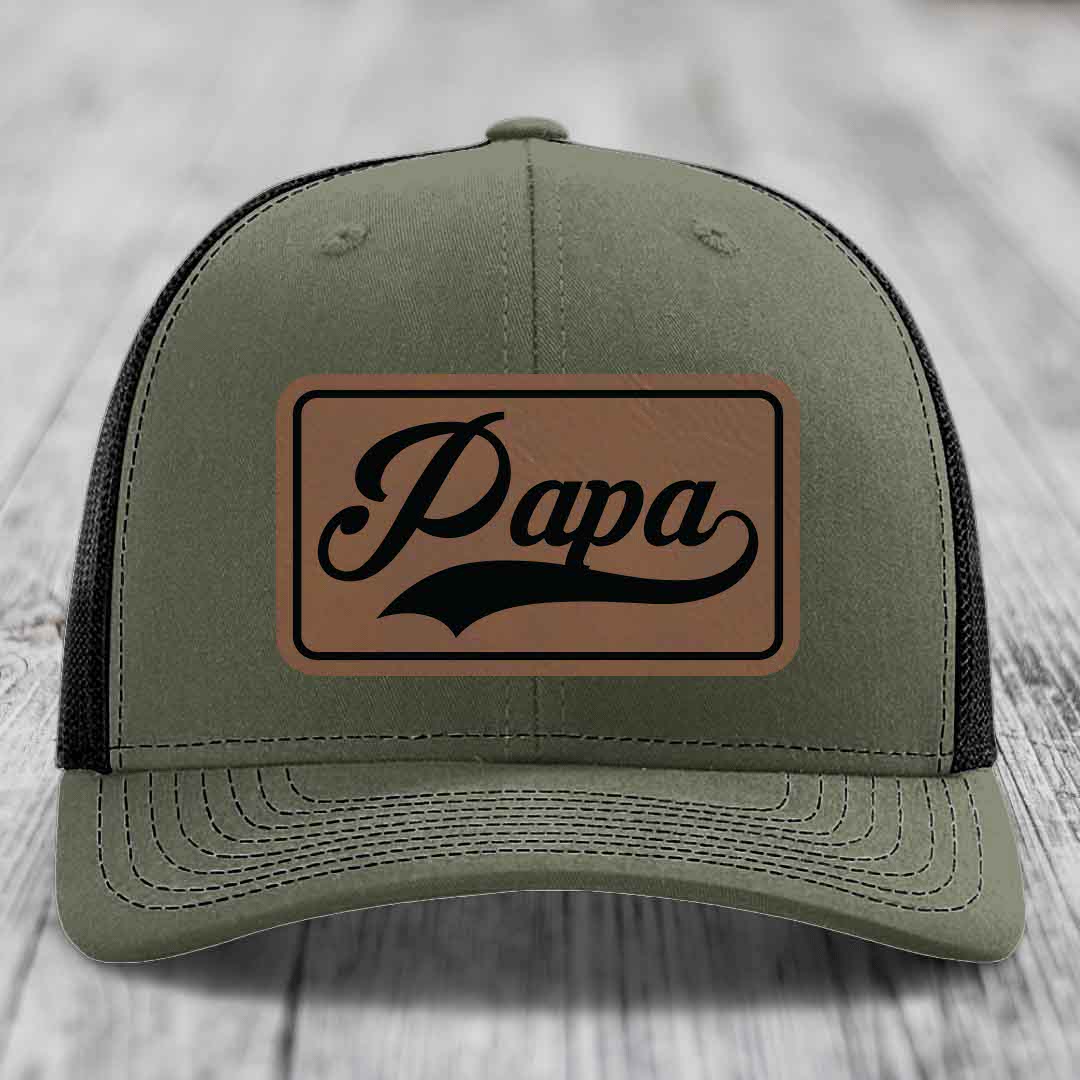 Papa - Leather Patch Hat - Dark Brown to Black Patch - Richardson 112 Snapback Trucker Hat