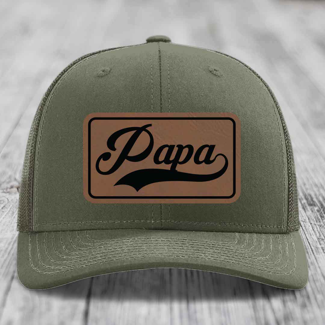 Papa - Leather Patch Hat - Dark Brown to Black Patch - Richardson 112 Snapback Trucker Hat