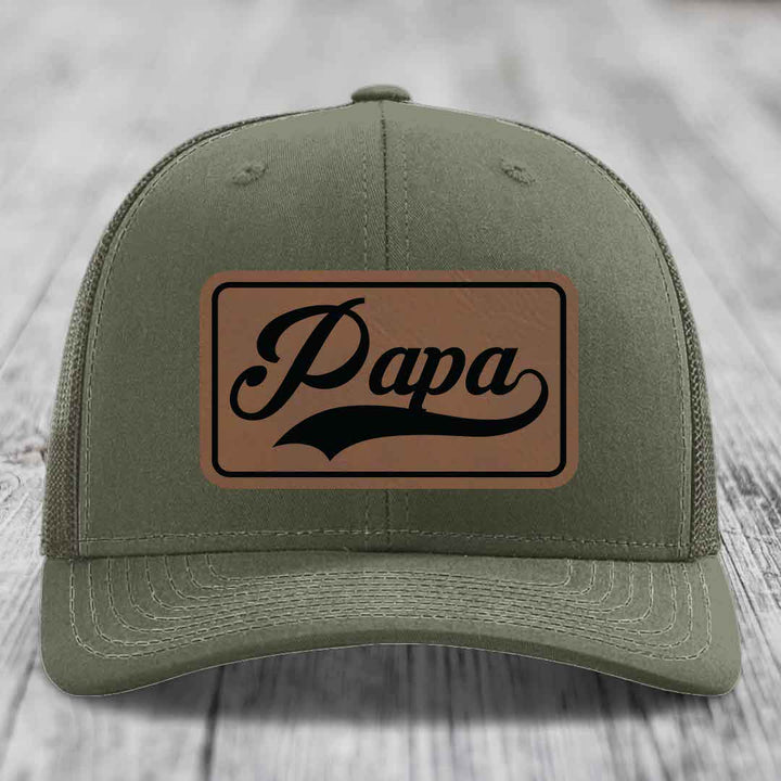 Papa - Leather Patch Hat - Dark Brown to Black Patch - Richardson 112 Snapback Trucker Hat