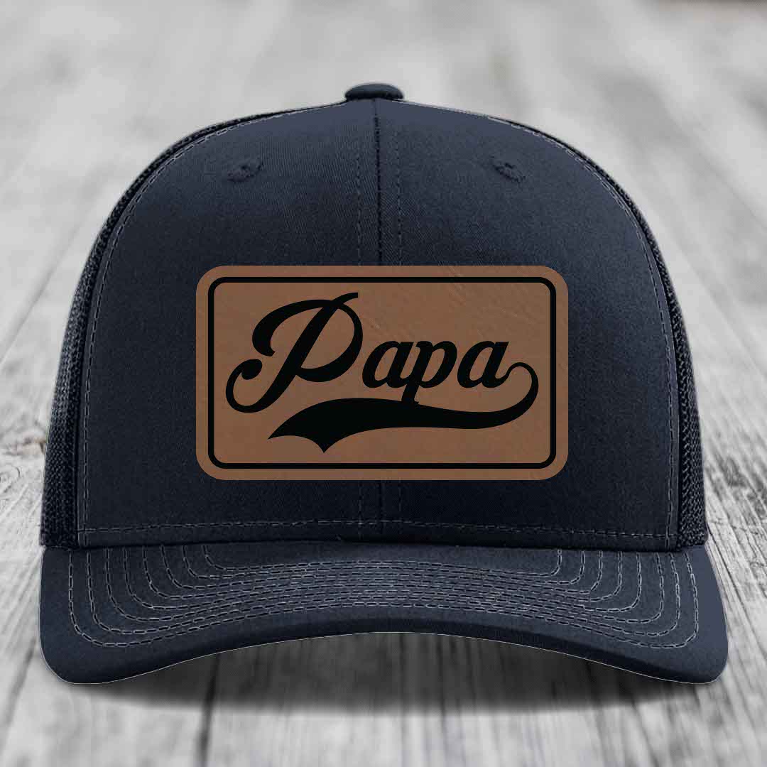 Papa - Leather Patch Hat - Dark Brown to Black Patch - Richardson 112 Snapback Trucker Hat