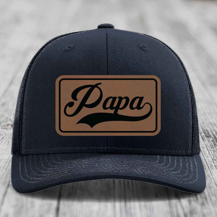 Papa - Leather Patch Hat - Dark Brown to Black Patch - Richardson 112 Snapback Trucker Hat