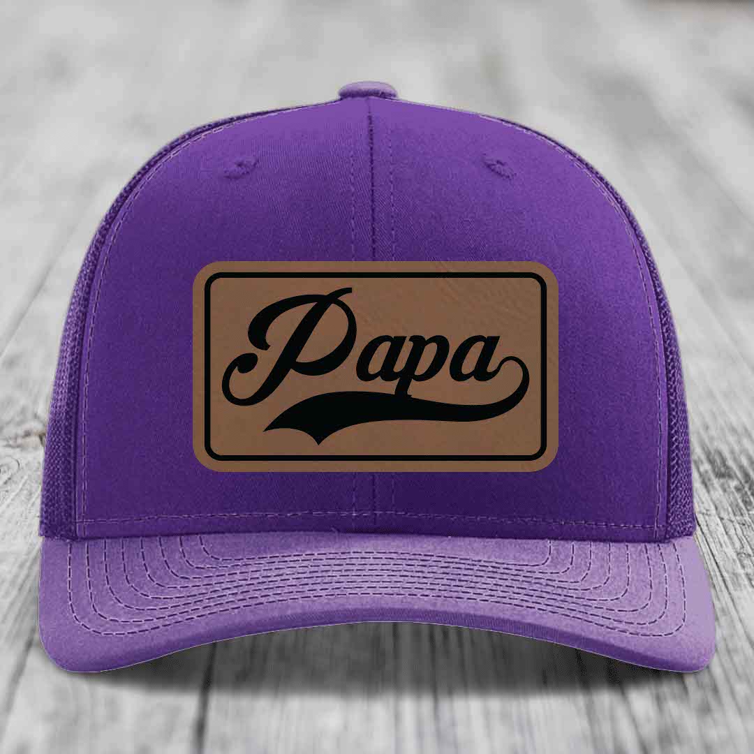 Papa - Leather Patch Hat - Dark Brown to Black Patch - Richardson 112 Snapback Trucker Hat