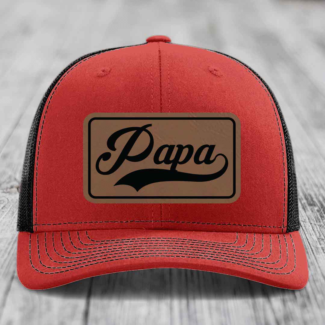 Papa - Leather Patch Hat - Dark Brown to Black Patch - Richardson 112 Snapback Trucker Hat