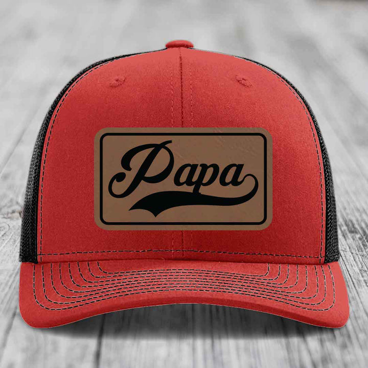 Papa - Leather Patch Hat - Dark Brown to Black Patch - Richardson 112 Snapback Trucker Hat