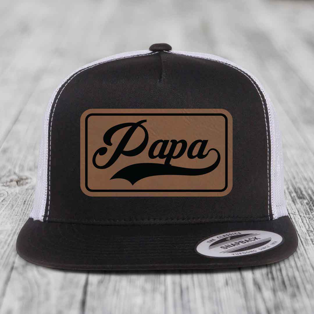 Papa - Leather Patch Hat - Dark Brown to Black Patch - Yupoong 6006 Snapback Flatbill Hat