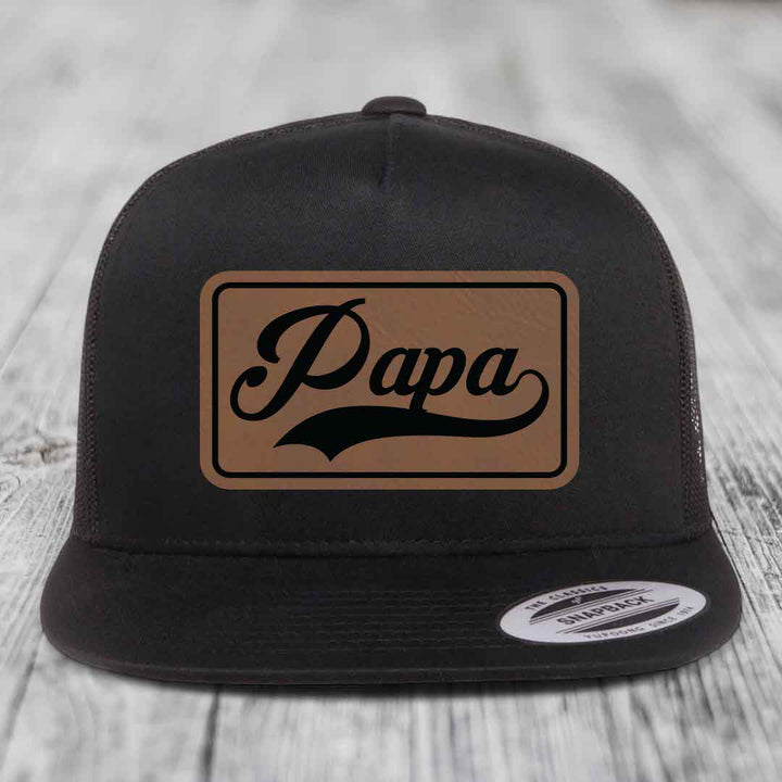 Papa - Leather Patch Hat - Dark Brown to Black Patch - Yupoong 6006 Snapback Flatbill Hat