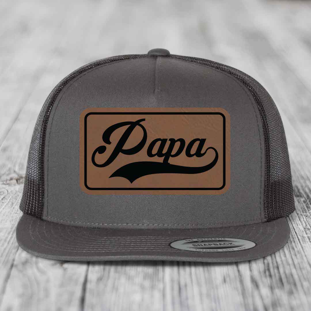 Papa - Leather Patch Hat - Dark Brown to Black Patch - Yupoong 6006 Snapback Flatbill Hat