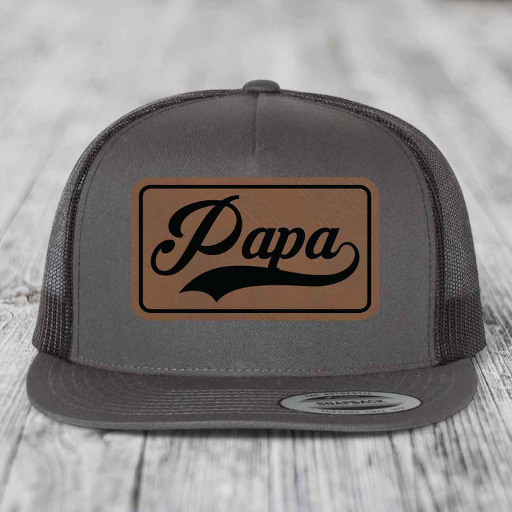 Papa - Leather Patch Hat - Dark Brown to Black Patch - Yupoong 6006 Snapback Flatbill Hat