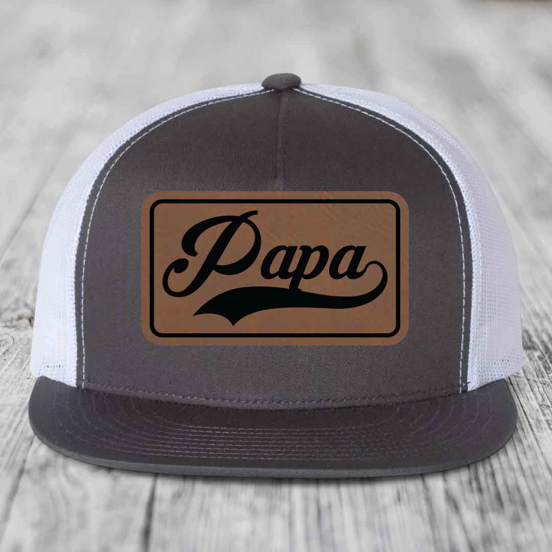 Papa - Leather Patch Hat - Dark Brown to Black Patch - Yupoong 6006 Snapback Flatbill Hat