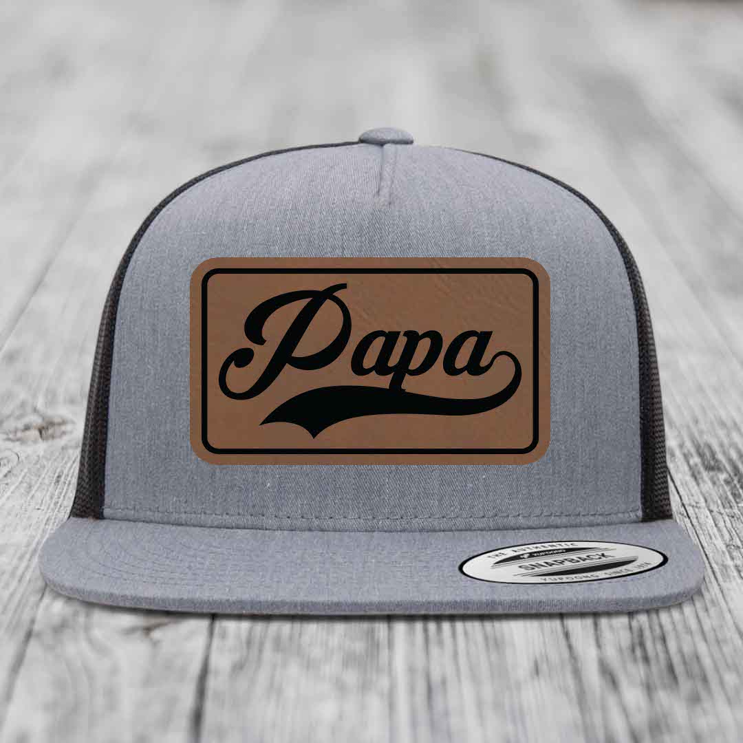 Papa - Leather Patch Hat - Dark Brown to Black Patch - Yupoong 6006 Snapback Flatbill Hat
