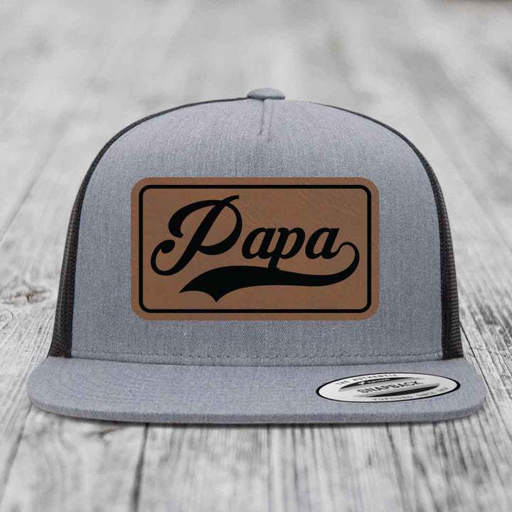 Papa - Leather Patch Hat - Dark Brown to Black Patch - Yupoong 6006 Snapback Flatbill Hat