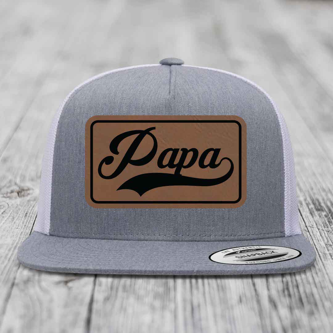Papa - Leather Patch Hat - Dark Brown to Black Patch - Yupoong 6006 Snapback Flatbill Hat