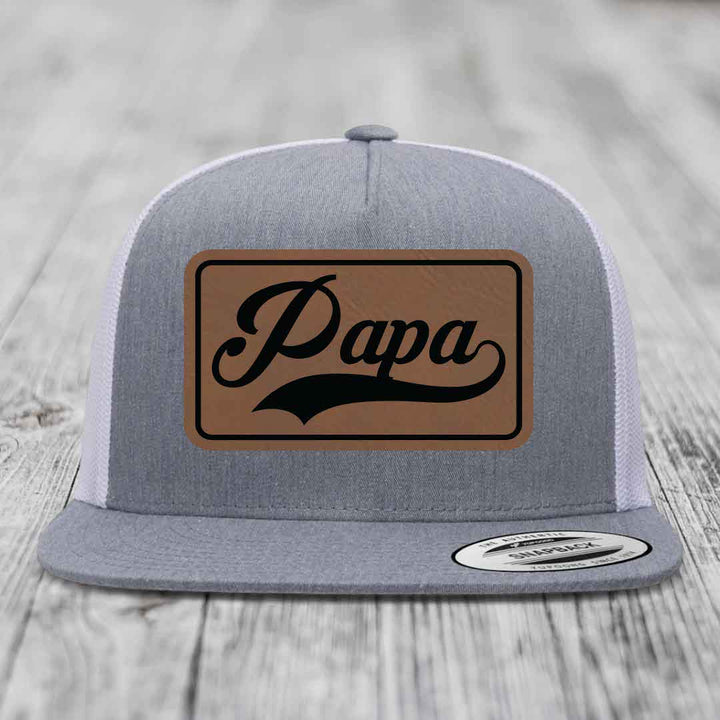 Papa - Leather Patch Hat - Dark Brown to Black Patch - Yupoong 6006 Snapback Flatbill Hat
