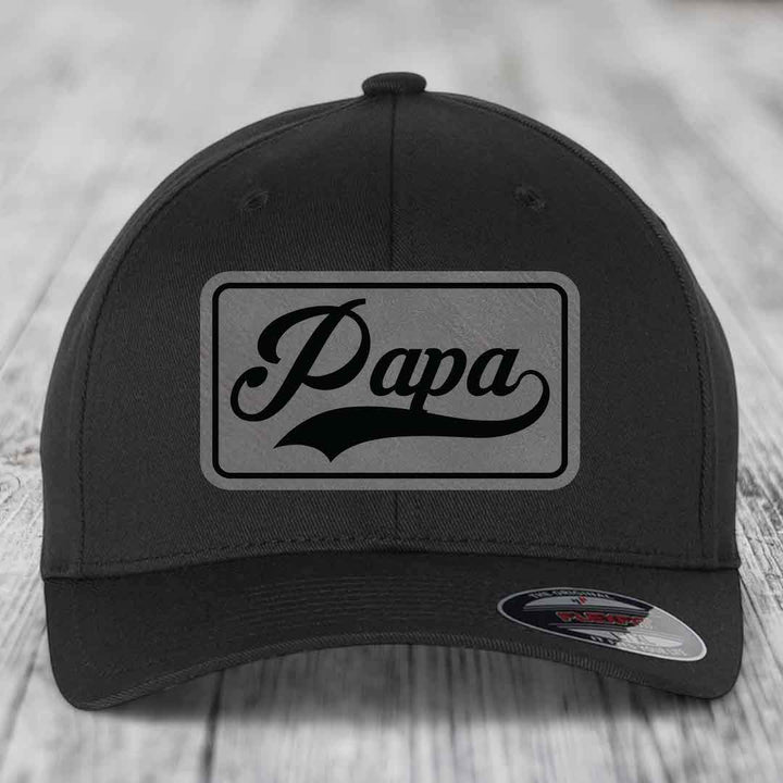 Papa - Leather Patch Hat - Grey to Black Patch - Flexfit 6277 Fitted Hat