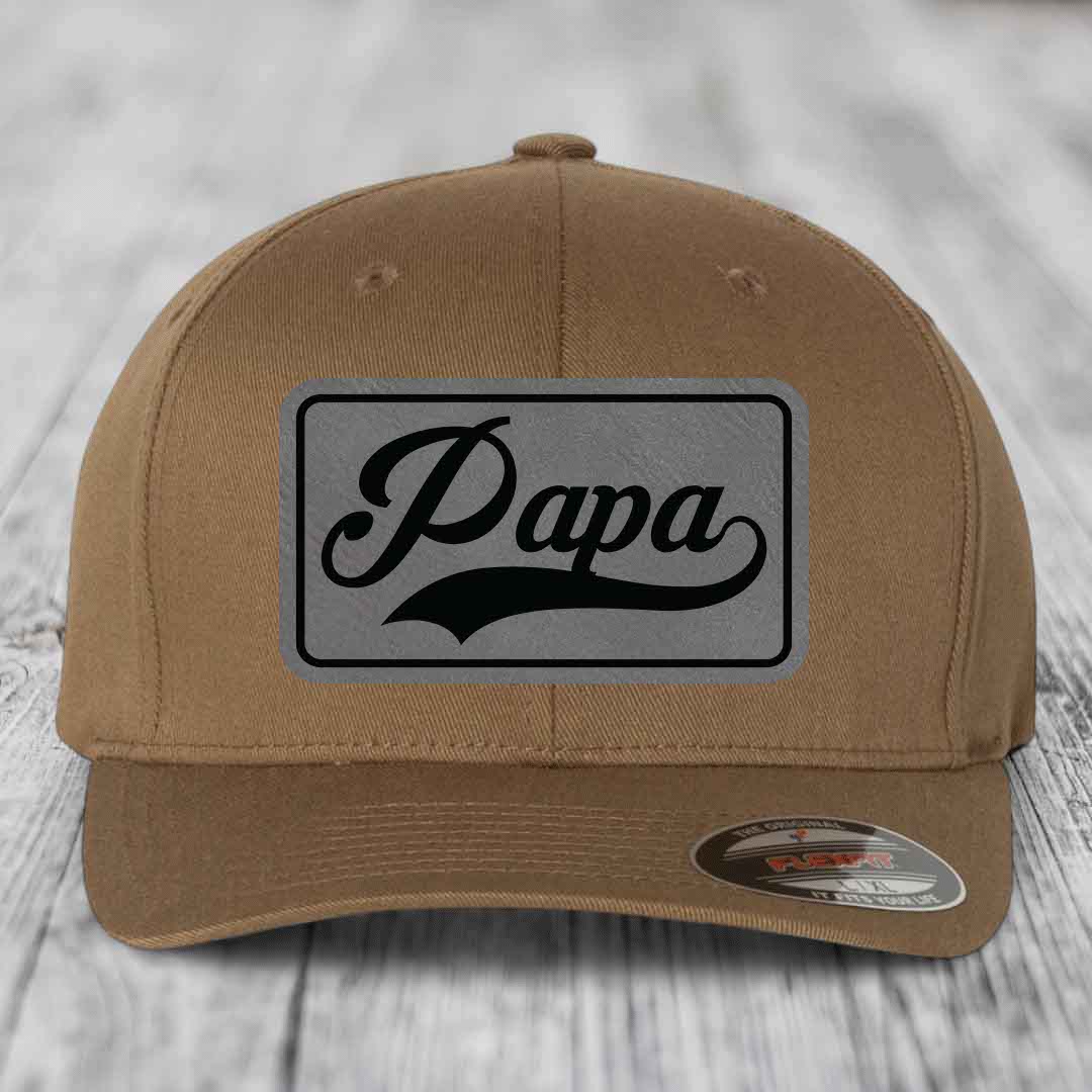 Papa - Leather Patch Hat - Grey to Black Patch - Flexfit 6277 Fitted Hat