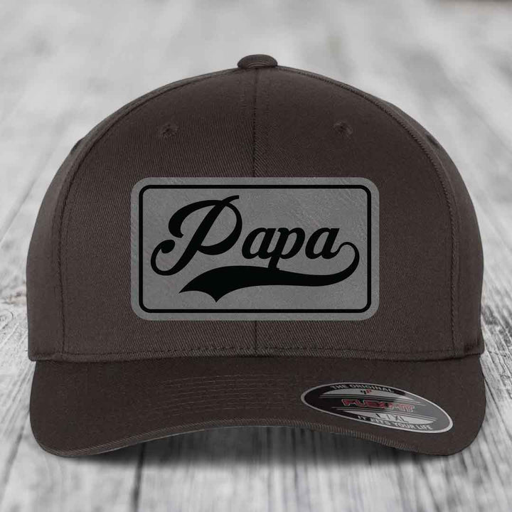 Papa - Leather Patch Hat - Grey to Black Patch - Flexfit 6277 Fitted Hat