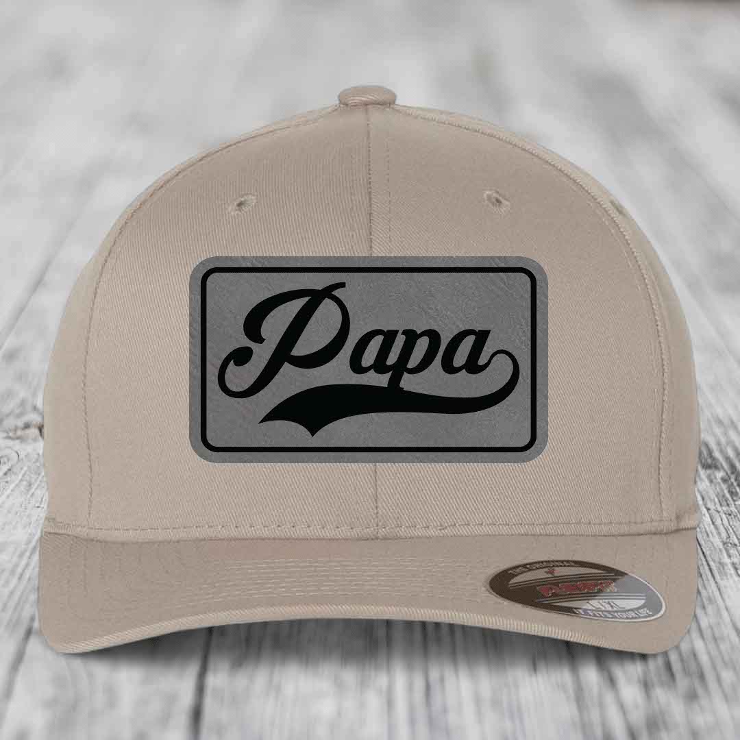 Papa - Leather Patch Hat - Grey to Black Patch - Flexfit 6277 Fitted Hat