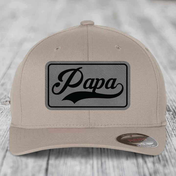 Papa - Leather Patch Hat - Grey to Black Patch - Flexfit 6277 Fitted Hat