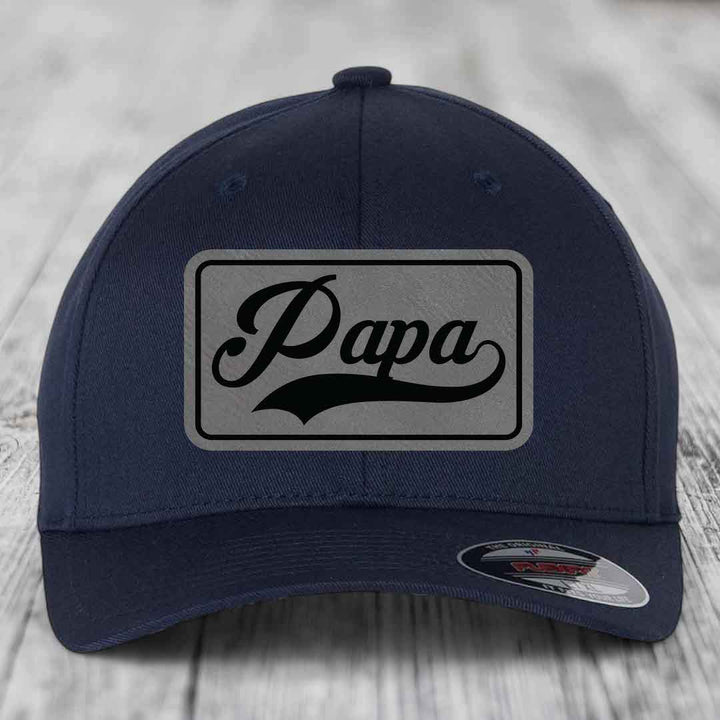 Papa - Leather Patch Hat - Grey to Black Patch - Flexfit 6277 Fitted Hat