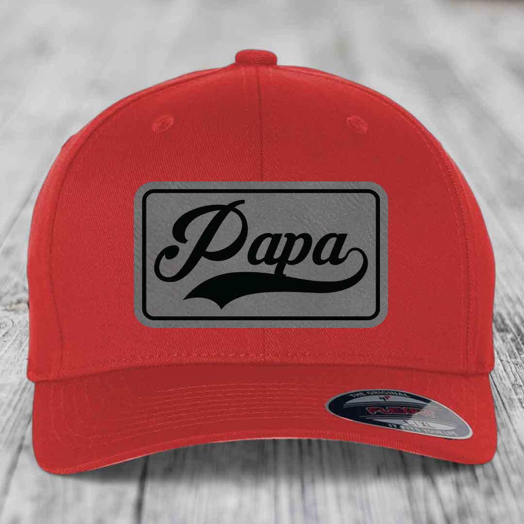 Papa - Leather Patch Hat - Grey to Black Patch - Flexfit 6277 Fitted Hat