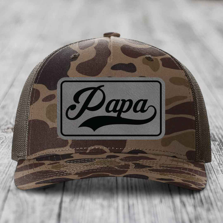 Papa - Leather Patch Hat - Grey to Black Patch - Richardson 112PFP Snapback Trucker Hat