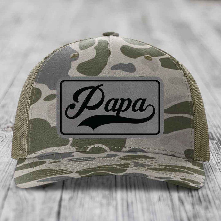 Papa - Leather Patch Hat - Grey to Black Patch - Richardson 112PFP Snapback Trucker Hat