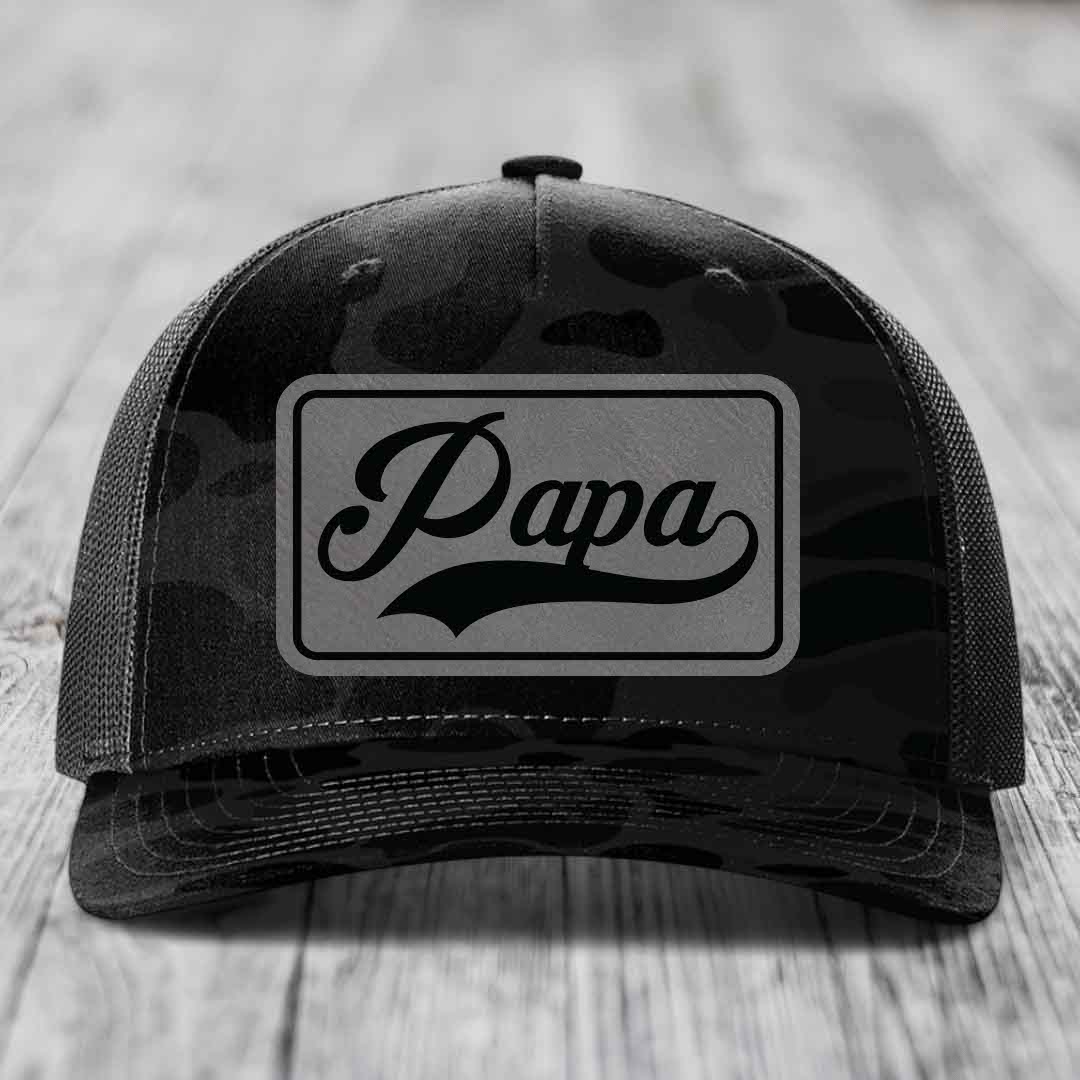 Papa - Leather Patch Hat - Grey to Black Patch - Richardson 112PFP Snapback Trucker Hat