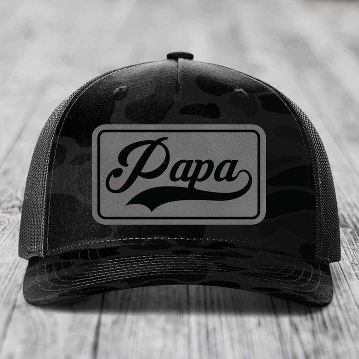 Papa - Leather Patch Hat - Grey to Black Patch - Richardson 112PFP Snapback Trucker Hat